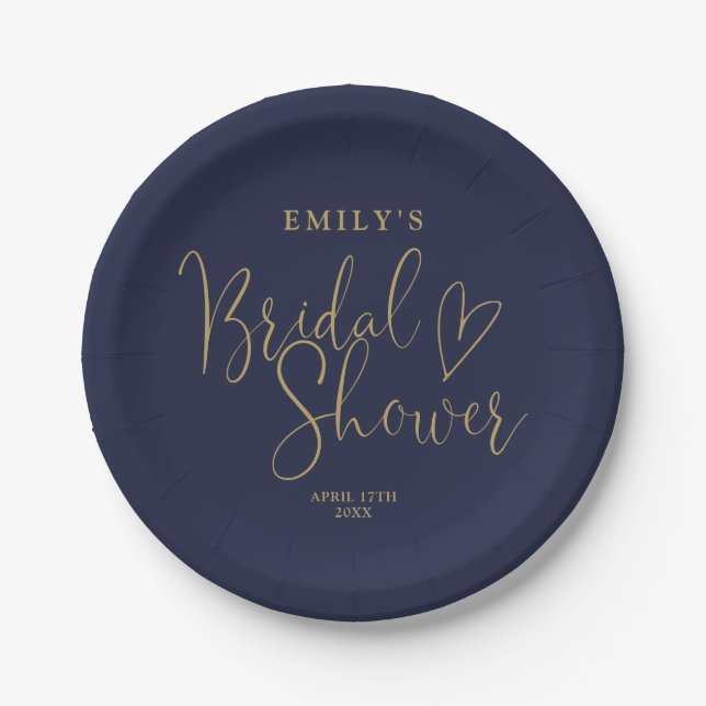 Navy Blue-Gold-Script-Brautparty Pappteller (Vorderseite)