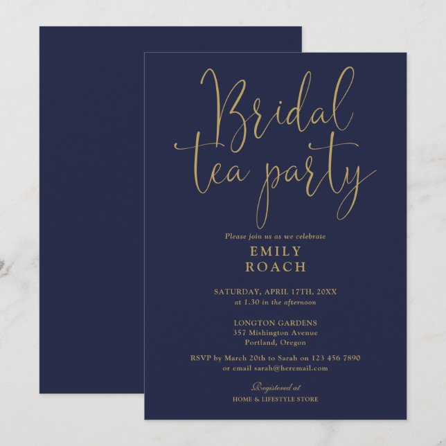 Navy Blue Gold Script Bridal Tee Party Dusche Einladung (Vorne/Hinten)