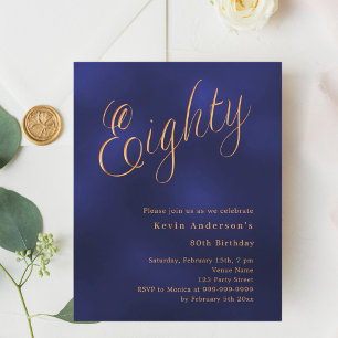 Navy Blue Gold Script Einladung zum 80. Geburtstag