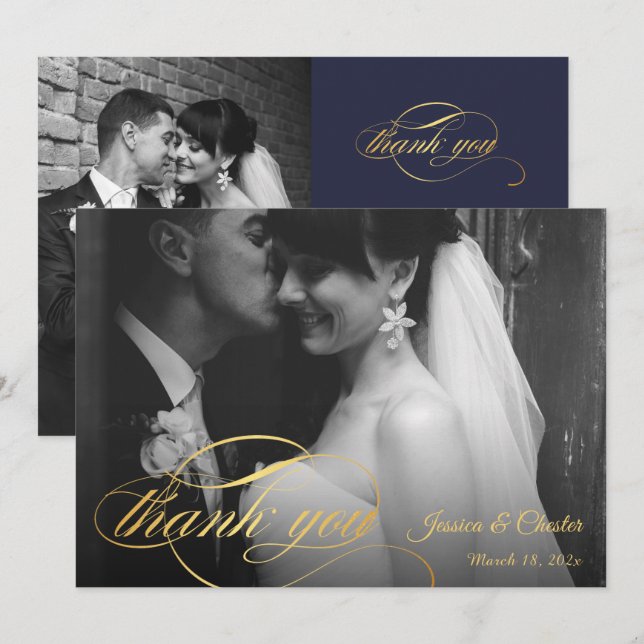 Navy Blue & Gold Script Hochzeit Foto Vielen Dank Dankeskarte (Vorne/Hinten)
