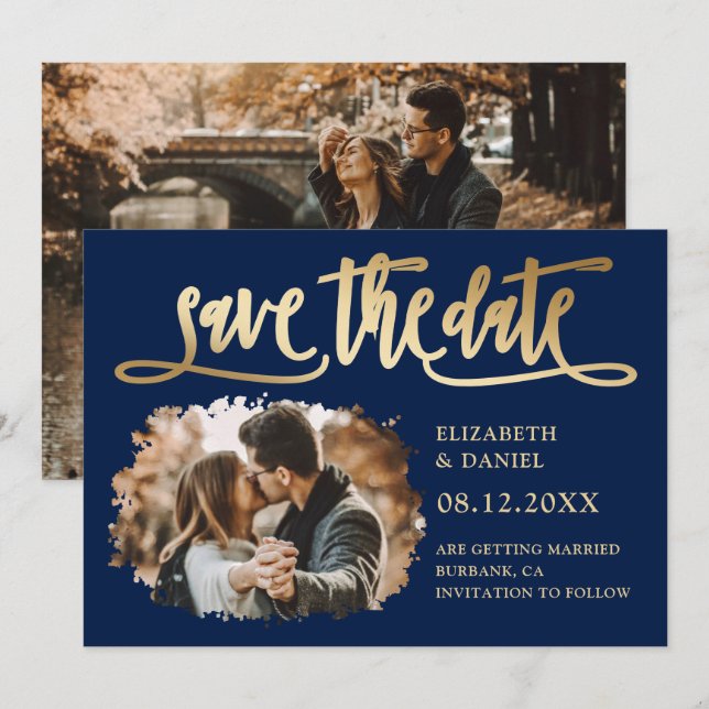 Navy Blue-Gold-Script-Hochzeitsskripte Save the Da Date (Vorne/Hinten)