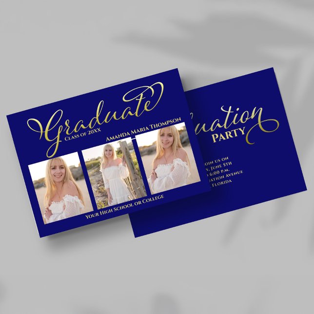 Navy Blue Gold Script Photo Collage Graduation Einladung (Navy blue and gold script graduation photo collage announcement with three senior portraits.)