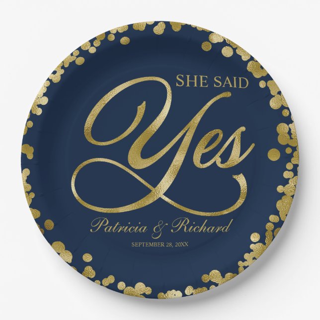 Navy Blue Gold Sie sagte Yes Engagement Party Pappteller (Vorderseite)