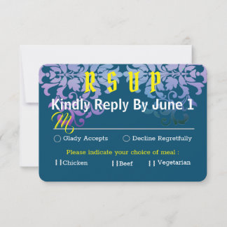 Navy Blue Gold Silver Yellow Wedding RSVP Karte