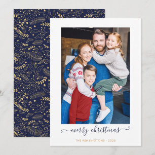 Navy Blue Gold Simple Script Frohe Weihnachts-Foto Feiertagskarte