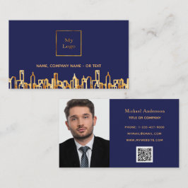 Navy Blue Gold Skyline Real Anwesen QR Code Foto Visitenkarte