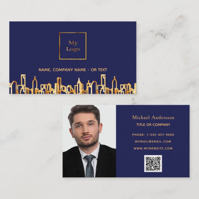 Navy Blue Gold Skyline Real Anwesen QR Code Foto Visitenkarte (Vorne/Hinten)