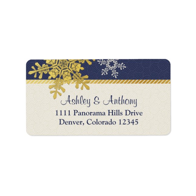 Navy Blue Gold Snowflake Winter Wedding Address Adressaufkleber (Vorne)