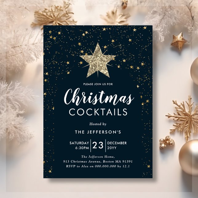 Navy Blue & Gold Star Weihnachtscocktail Einladung (Von Creator hochgeladen)