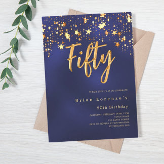Navy Blue Gold Stars 50. Geburtstag Einladung