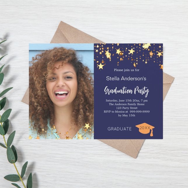 Navy Blue Gold Stars Foto Graduation Party Einladung (Von Creator hochgeladen)