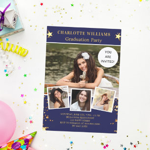 Navy Blue Gold Stars Foto Graduierungsparty Luxus Einladung