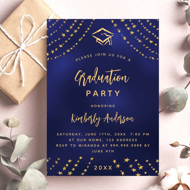 Navy Blue Gold Stars Graduierungsparty im modernen Einladung (Von Creator hochgeladen)