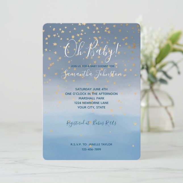 Navy Blue Gold Stars Sky Watercolor Einladung (Stehend Vorderseite)
