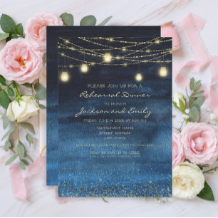 Navy Blue Gold String Lights Probe Dinner Einladung