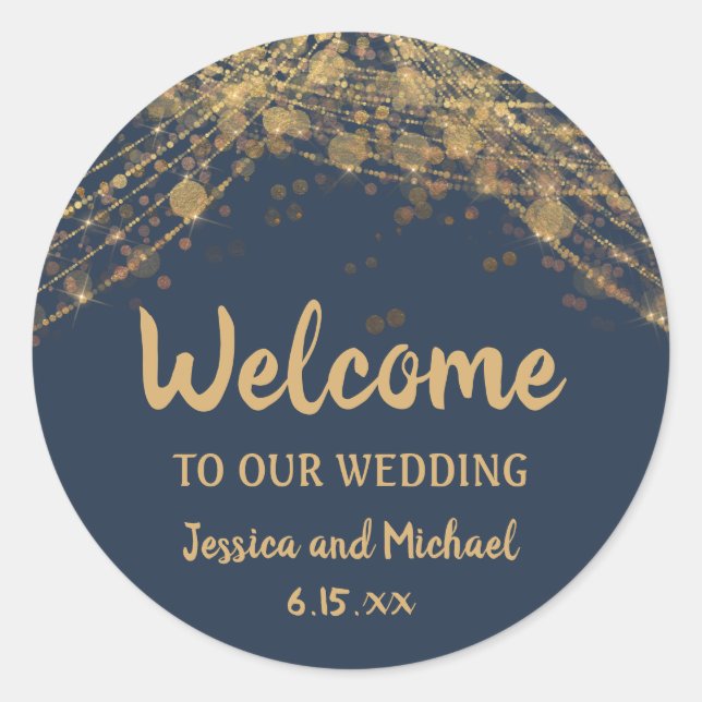 Navy Blue Gold String Lights Round Runder Aufkleber (Vorderseite)