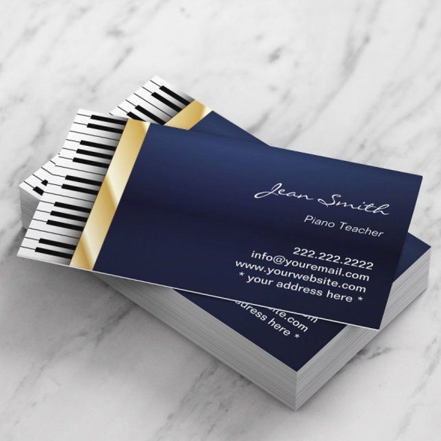 Navy Blue Gold Stripe Musikpiano-Lehrer Visitenkarte (Von Creator hochgeladen)