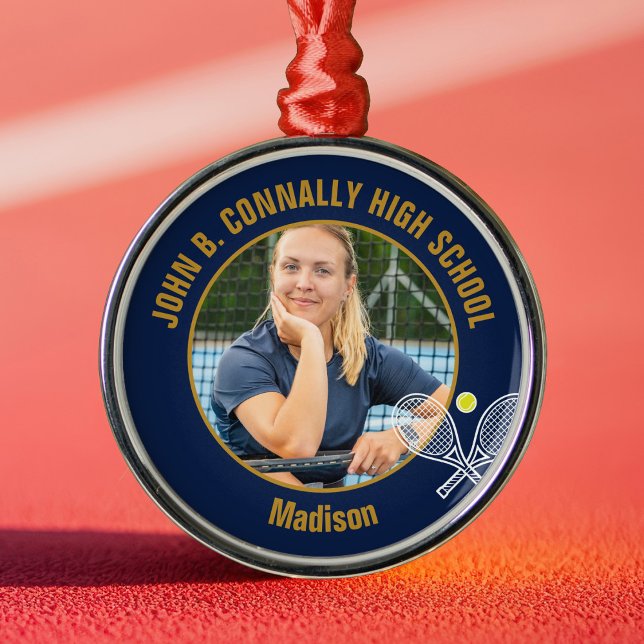 Navy Blue Gold Tennis Player Photo Christmas Gift Ornament Aus Metall (Von Creator hochgeladen)