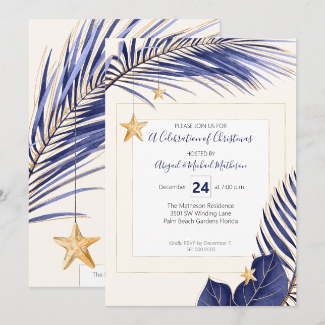 Navy Blue & Gold Tropical Greenerity Weihnachts-Pa Einladung (Vorne/Hinten)