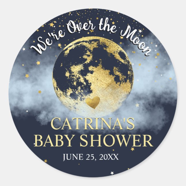 Navy Blue Gold über dem Mond Baby Shower Sticker (Vorderseite)