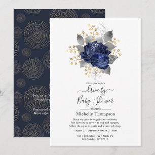 Navy Blue, Gold und Silver Floral Drive by Shower Einladung