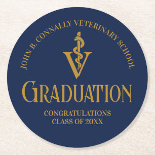 Navy Blue Gold Veterinary School Graduation Party Runder Pappuntersetzer