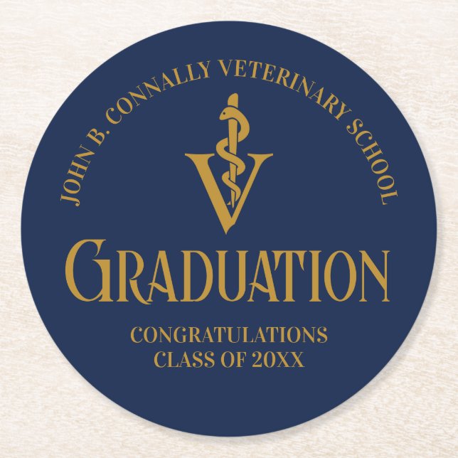 Navy Blue Gold Veterinary School Graduation Party Runder Pappuntersetzer (Vorderseite)