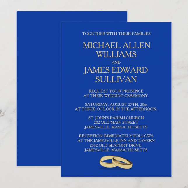 Navy Blue, Gold Wedding Invitations for Two Grooms (Devant / Derrière)