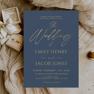 Navy Blue Gold Wedding Modern Typografy Script Einladung