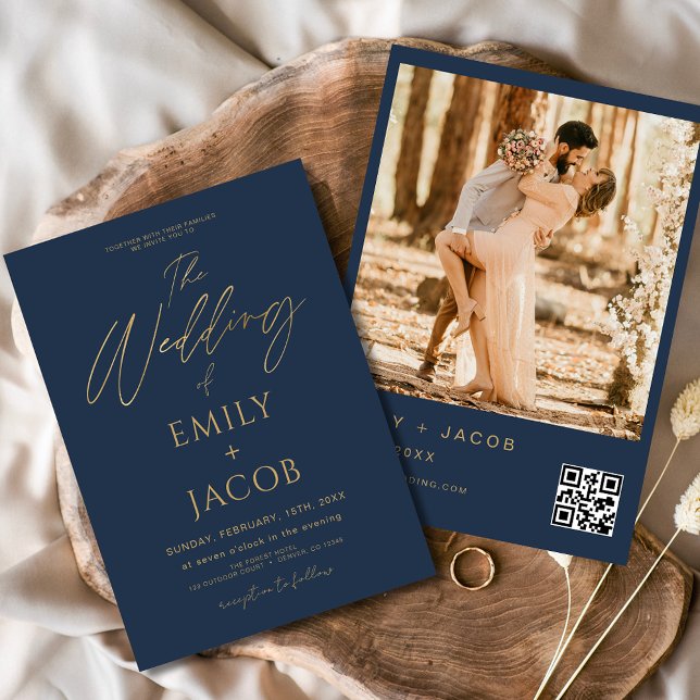 Navy Blue Gold Wedding QR Code Foto Einladung (Von Creator hochgeladen)