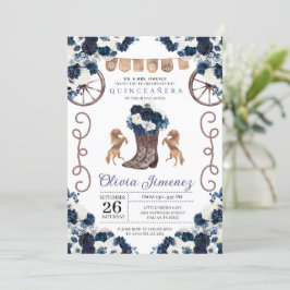 Navy Blue Gold Western Charra Boots Quinceañera Einladung