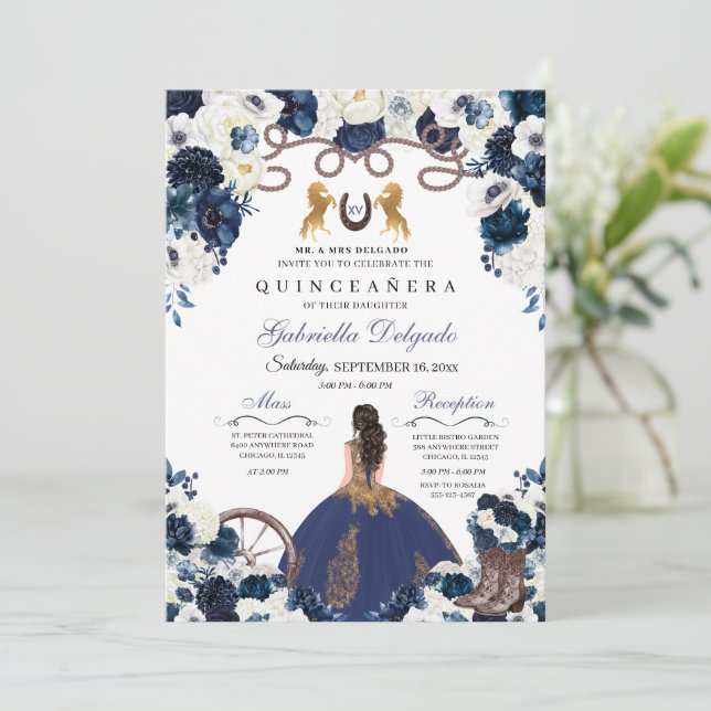 Navy Blue Gold Western Charra Ranchero Quinceanera Einladung (Stehend Vorderseite)