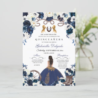 Navy Blue Gold Western Charra Ranchero Quinceanera Einladung