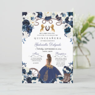 Navy Blue Gold Western Charra Ranchero Quinceanera Einladung