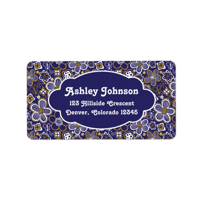 Navy Blue Gold Whimsical Floral Rücksendeadresse Adressaufkleber (Vorne)