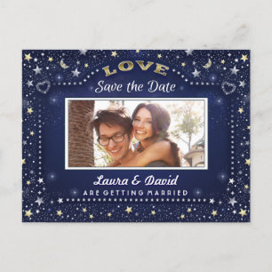 Navy Blue Gold White Stars Foto Save the Date Ankündigungspostkarte