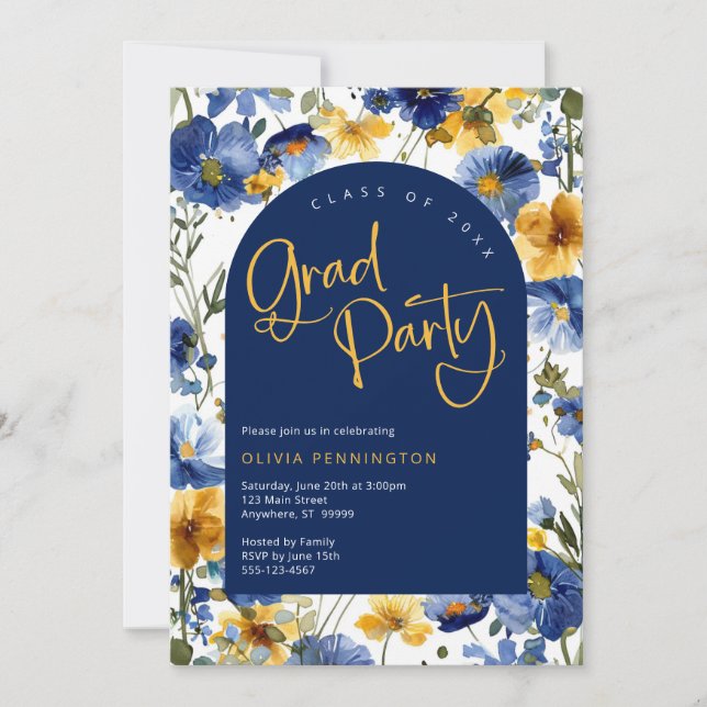 Navy Blue Gold Wildblume Grad Party Einladung (Vorderseite)