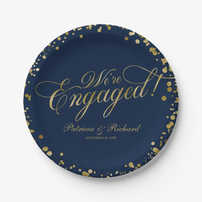 Navy Blue Gold Wir sind Verlobte Engagement Party Pappteller (Vorderseite)