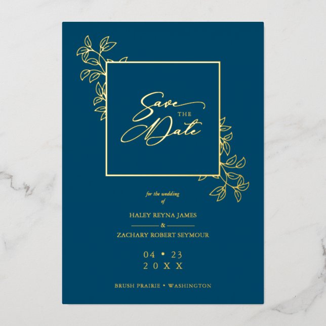 Navy Blue Golden Branches Frame Photo Folieneinladung (Vorderseite)