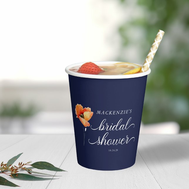 Navy Blue Golden Poppy Brautparty Pappbecher (Navy Blue Golden Poppy Bridal Shower Paper Cups)