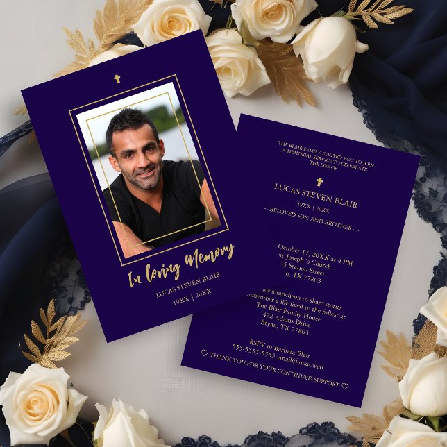 Navy Blue & Golden Traditional Elegant Funeral  Einladung (Navy Blue & Golden Traditional Elegant Funeral Photo Invitation Card. )