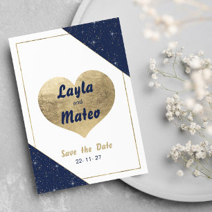 Navy-Blue-Goldherz-Funkel-Glitzer Save the Date Einladung