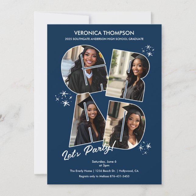 Navy Blue GRAD Foto Collage Graduation Party Einladung (Vorderseite)