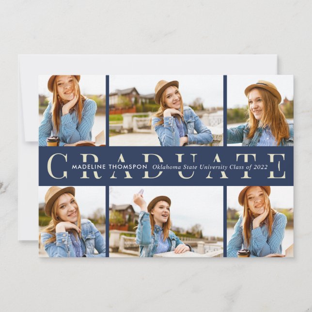 Navy Blue Graduate 6 Foto Collage Abschluss Einladung (Vorderseite)