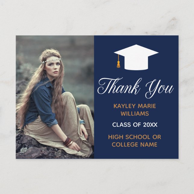 Navy Blue Graduate Foto 2025 Abschluss Vielen Dank Postkarte (Vorderseite)