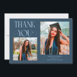 Navy Blue Graduate Thank You 2-Photo  Ankündigung<br><div class="desc">Modern and whimsical graduation announcement photo card featuring 2 photos on the front and 1 on the back. The text says "THANK YOU" with twinkling stars. Add the graduate's name,  information,  and message to personalize this card. Navy blue.</div>