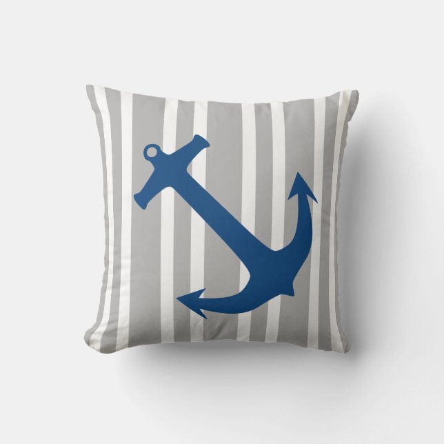 Navy Blue & Grau Nautical Anchor Streifenkissen Kissen (Vorderseite)