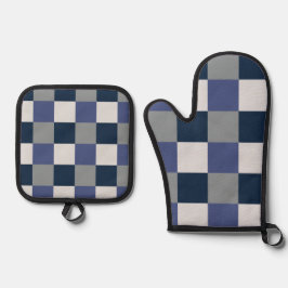 Navy Blue Grau White Checkerboard Ofenhandschuh & Topflappen-Set