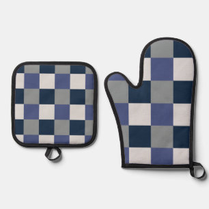 Navy Blue Grau White Checkerboard Ofenhandschuh & Topflappen-Set