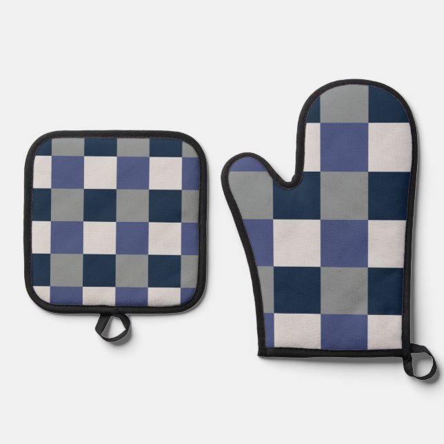 Navy Blue Grau White Checkerboard Ofenhandschuh & Topflappen-Set (Vorderseite)